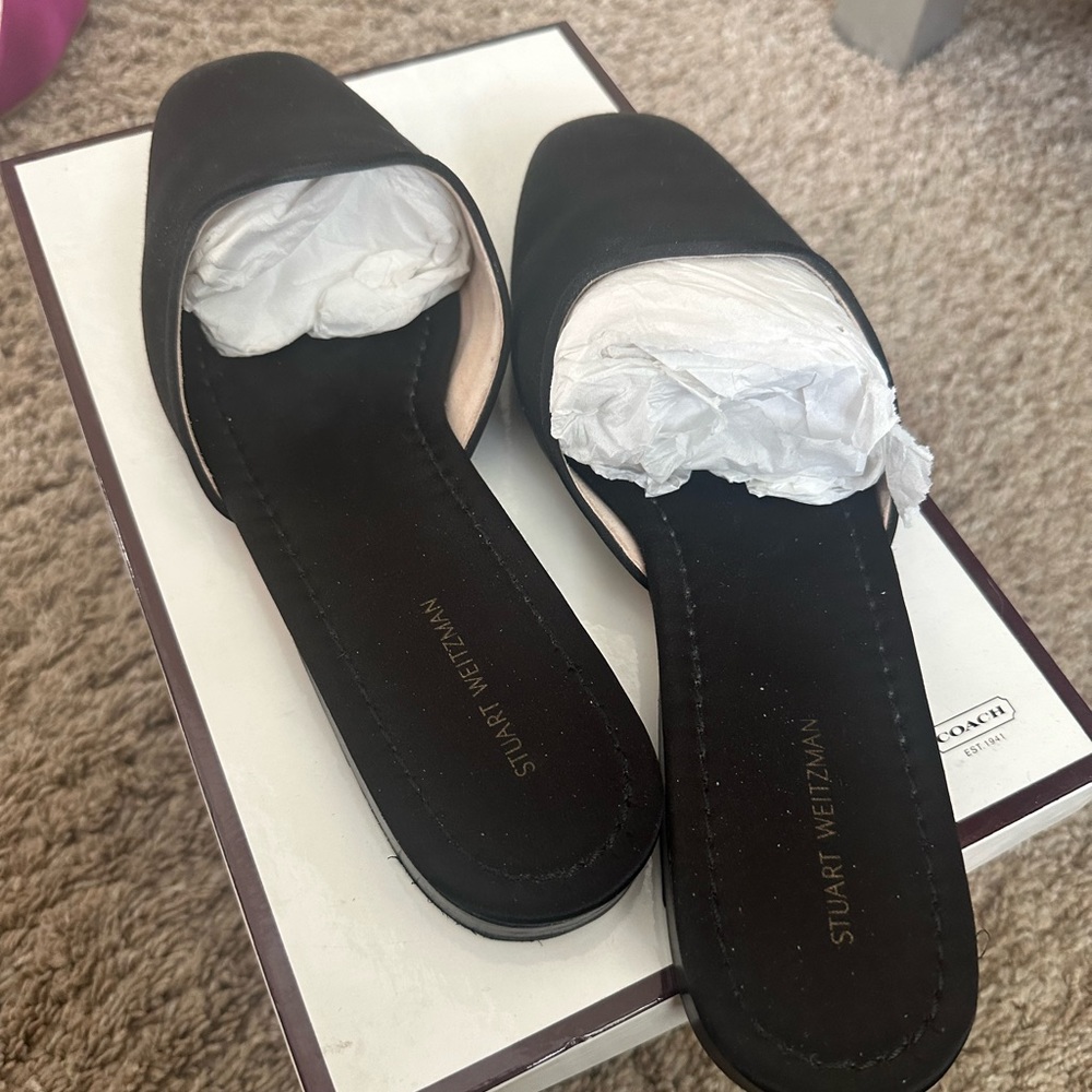Stuart weitzman mules flats black satin size 10